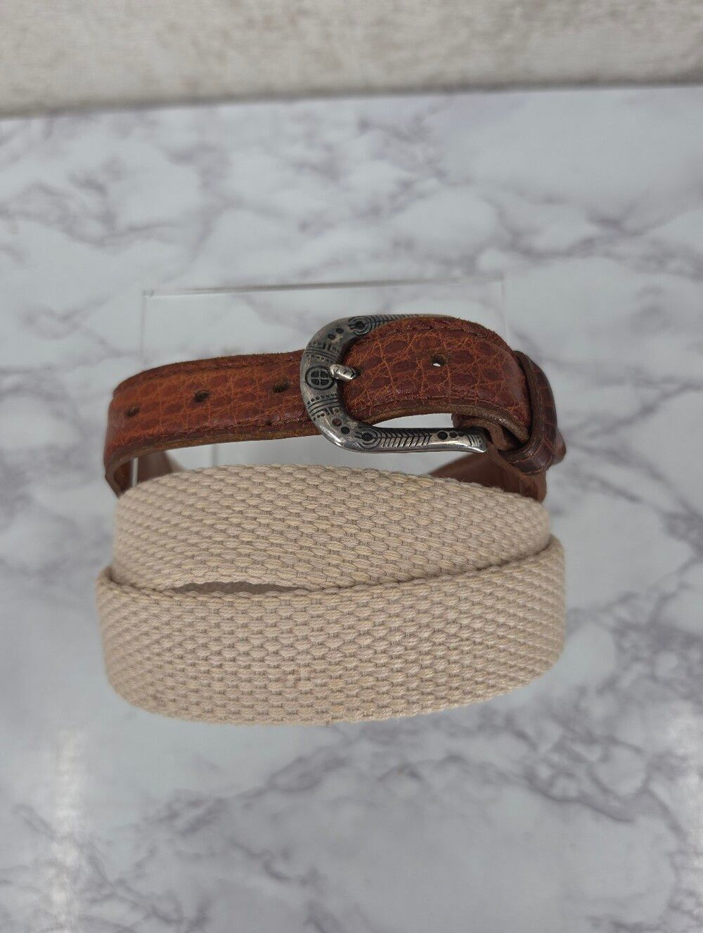 Vintage Cole Haan Men's Woven Cream Belt with Brown Leather Silver Tone Buckle